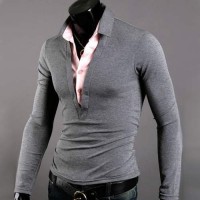 Polo manches longues Classic Style Double col Fashion gris